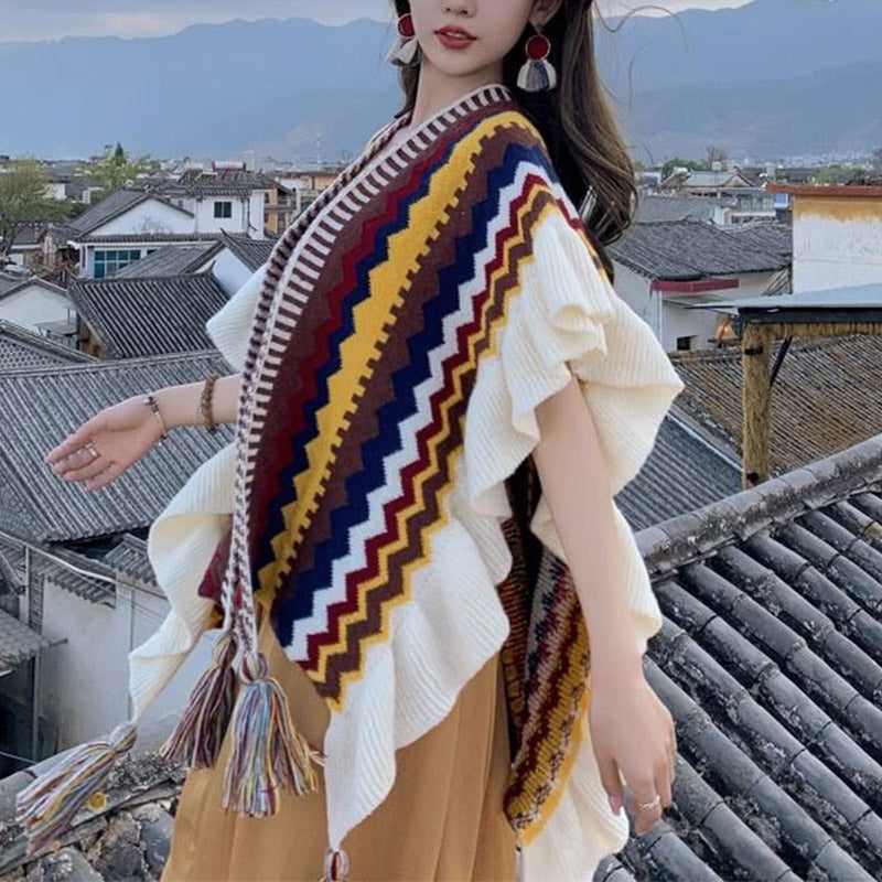 BWOOOH Tibetan Shawl Colorful Striped Wavy Line Tassels W