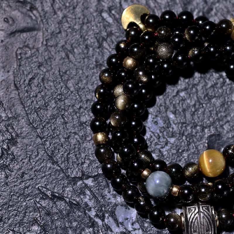 BWOOOH 108 Mala Beads Gold Sheen Obsidian Tiger Eye Eagle&