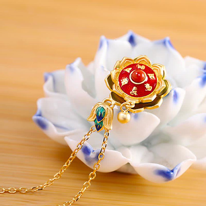 BWOOOH 925 Sterling Silver Tibet Lotus Prayer Wheel Red Agate Enlightenment Necklace Pendant