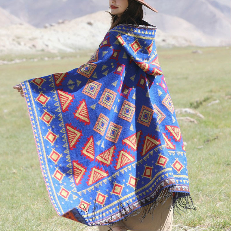 BWOOOH Tibetan Shawl Triangle Pattern Hooded Cloak Winter