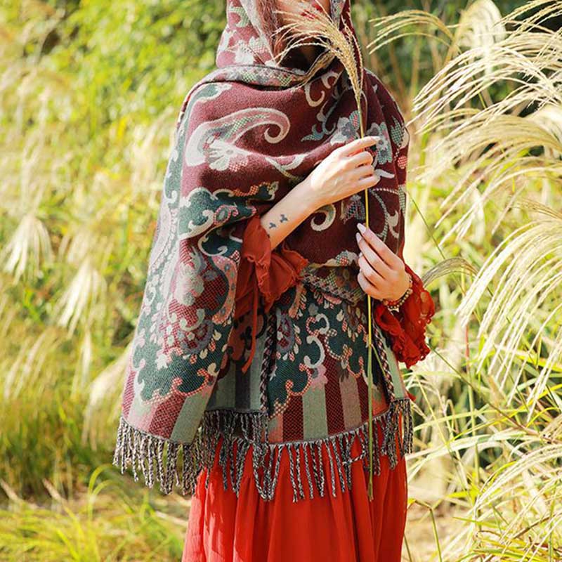 BWOOOH Tibetan Flowers Leaves Branch Design Tassel Shawl 
