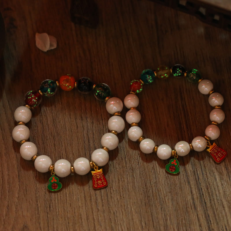 BWOOOH Tibetan Incense Ash Porcelain Luminous Fluorescent Liuli Glass Bead Gourd Copper Coin Charm Peace Bracelet
