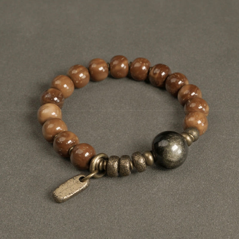 BWOOOH Kuka Seed Tiger Eye Gold Sheen Obsidian Brass Copper Wealth Luck Bracelet