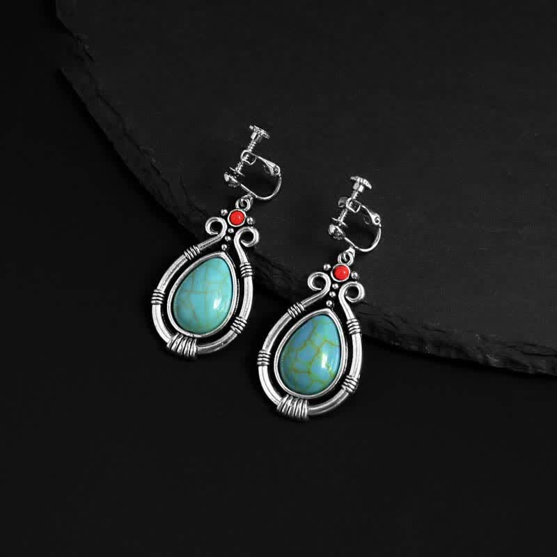 BWOOOH Tibet Vintage Turquoise Waterdrop Strength Drop Dangle Earrings Clips