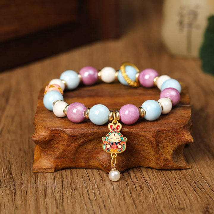 BWOOOH Tibetan Zakiram Goddess of Wealth Rabbit Lion Head Charm Liuli Glass Incense Ash Porcelain Bead Protection Bracelet
