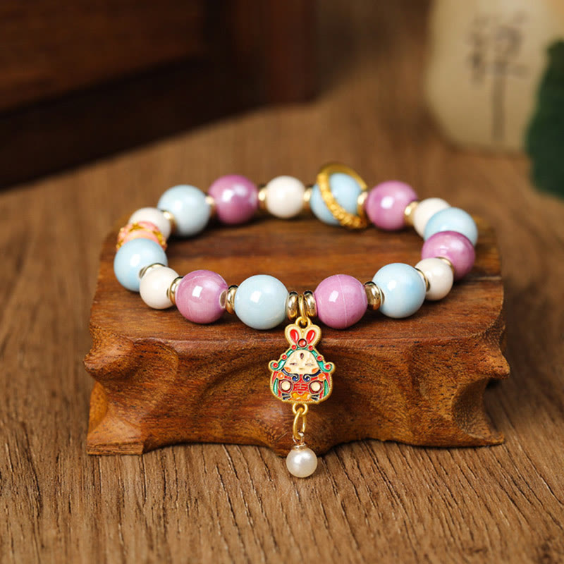 BWOOOH Tibetan Zakiram Goddess of Wealth Rabbit Lion Head Charm Liuli Glass Incense Ash Porcelain Bead Protection Bracelet
