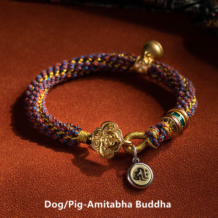 BWOOOH 925 Sterling Silver Chinese Zodiac Natal Buddha Om Mani Padme Hum Luck Bell Braided String Bracelet