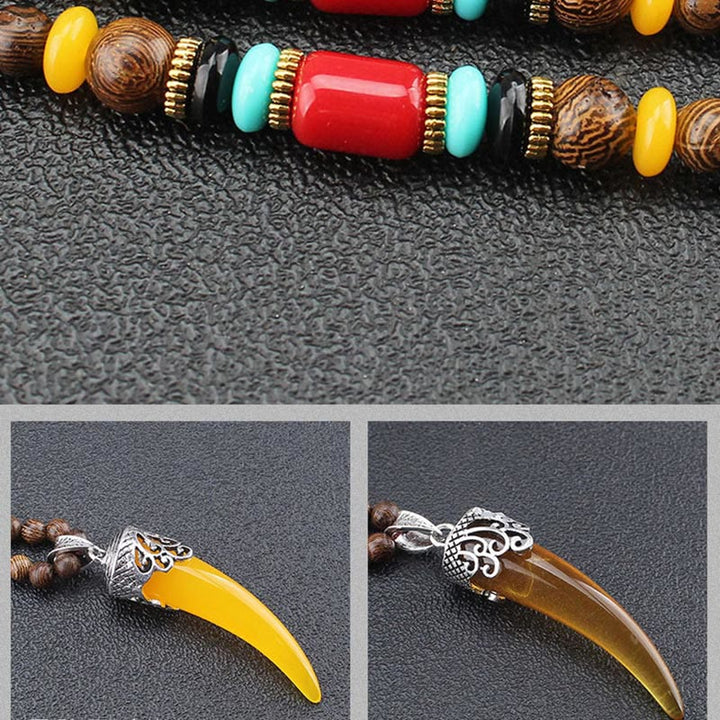 BWOOOH Wenge Wood Turquoise Stone Horn Style Protection Meditation Necklace Pendant