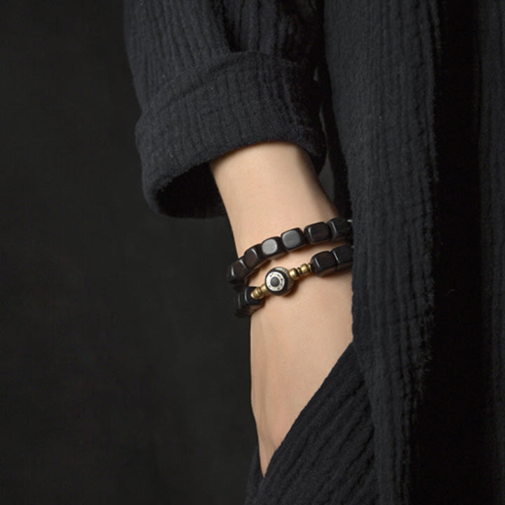 BWOOOH Ebony Wood Dzi Bead Copper Peace Couple Bracelet