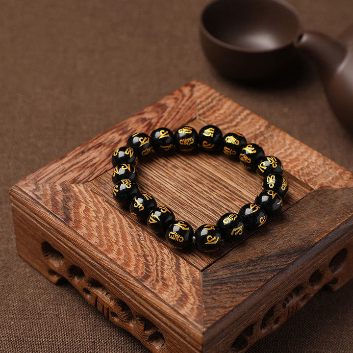 BWOOOH Tibet White Crystal Black Onyx Om Mani Padme Hum Meditation Bracelet