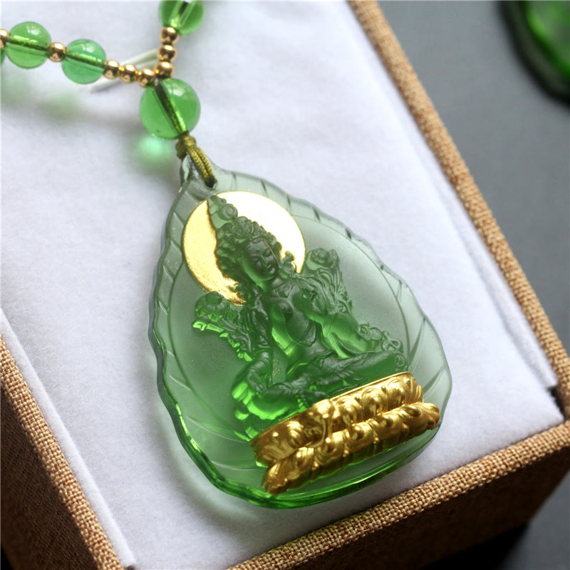 BWOOOH Tibetan Green Tara Buddha Gold Plated Liuli Crystal Protection Necklace Pendant