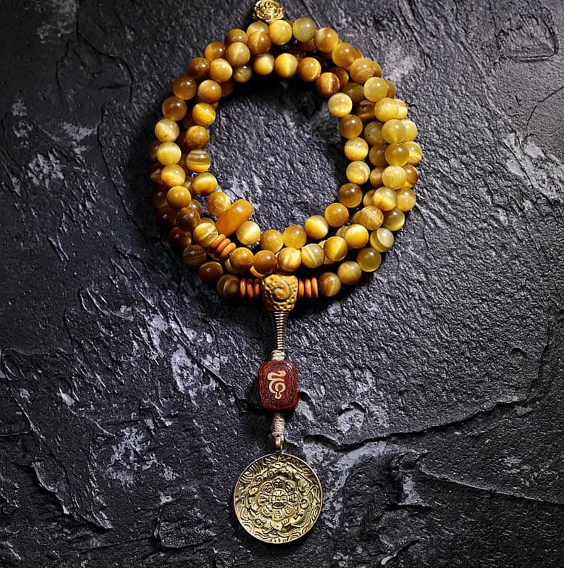 BWOOOH 108 Mala Beads Natural Tiger Eye Copper Dorje Protection Tassel Bracelet