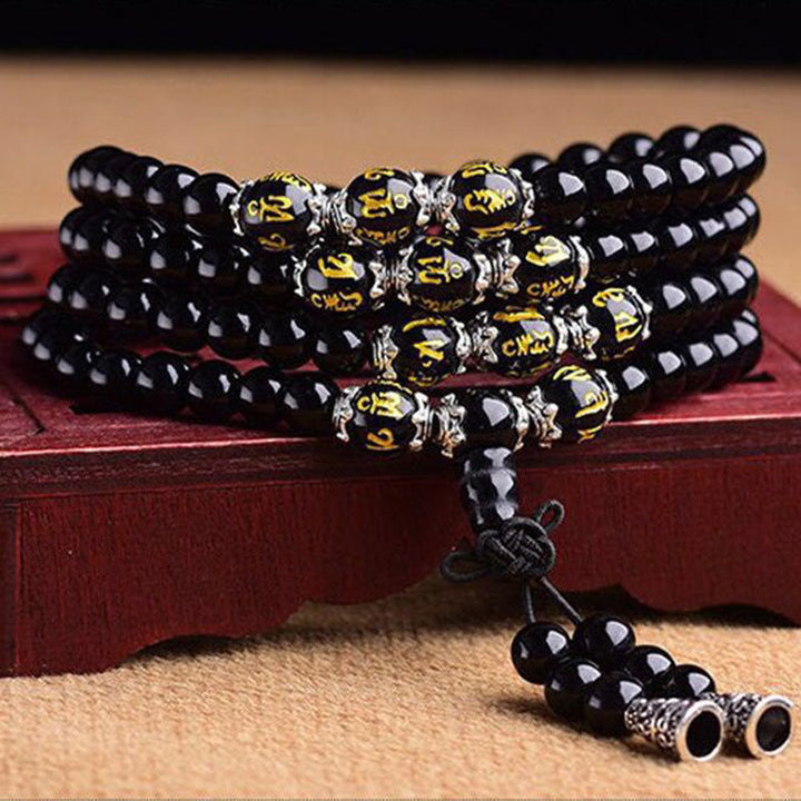 BWOOOH Black Obsidian Six True Words Protection Mala Bracelet