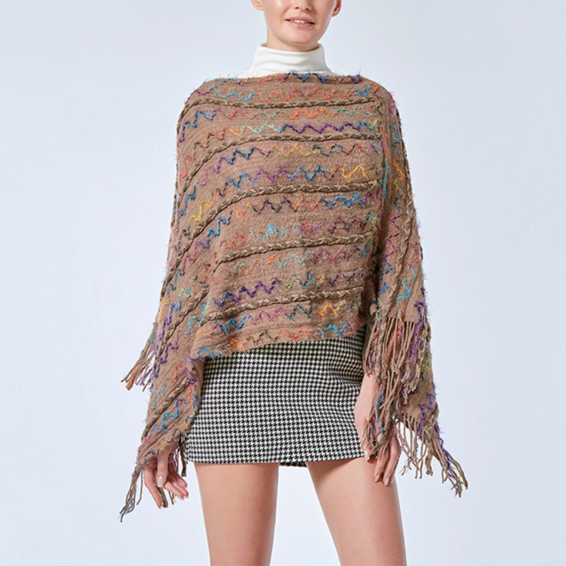 BWOOOH Tibetan Colorful Striped Shawl Tassels Pullover Wi