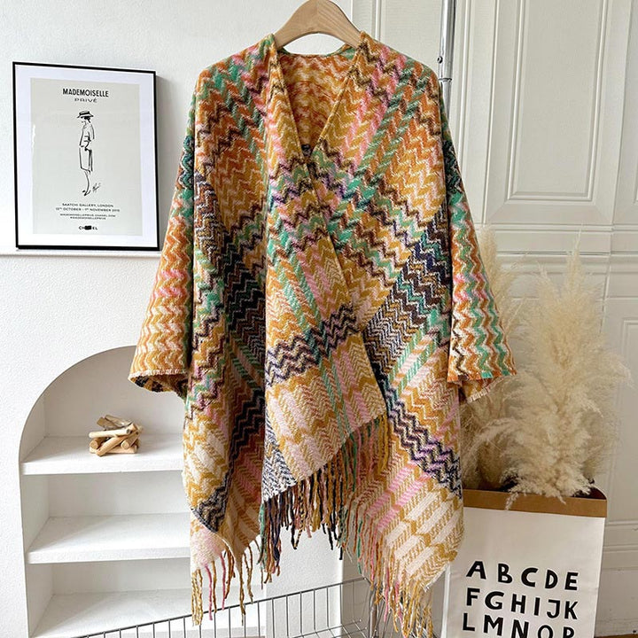 BWOOOH Tibetan Shawl Colorful Wavy Striped Shapes Tassels