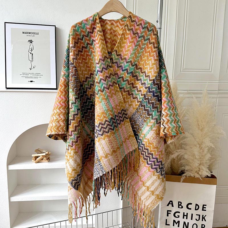 BWOOOH Tibetan Shawl Colorful Wavy Striped Shapes Tassels