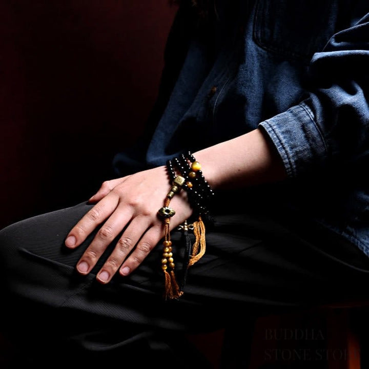 BWOOOH Tibetan 108 Mala Beads Black Onyx Tiger Eye Nine Palaces Bagua Protection Bracelet