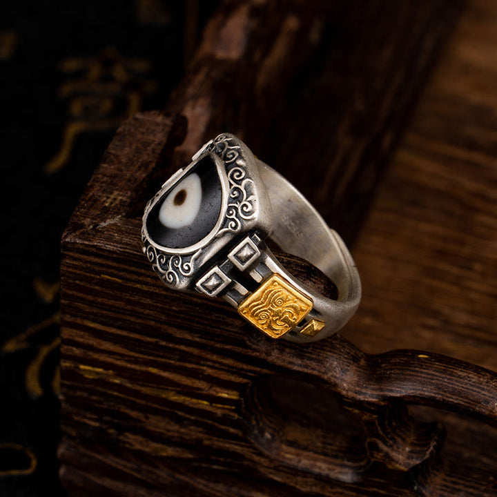 BWOOOH 925 Sterling Silver Zakiram Goddess of Wealth Design Dzi Bead Protection Ring