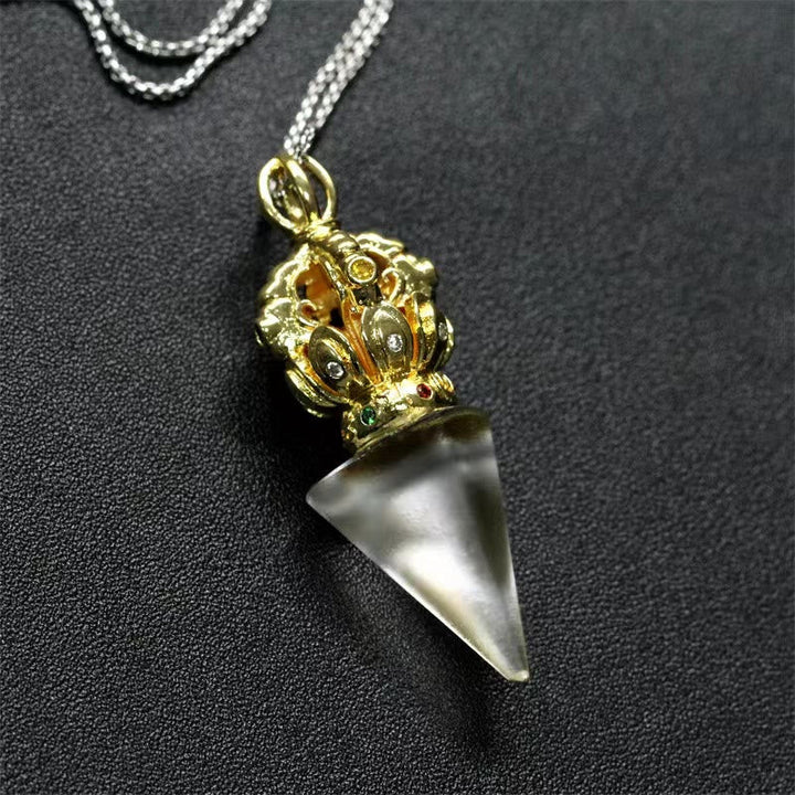 BWOOOH Tibetan Dorje Vajra 4 Prong Lotus Liuli Crystal Strength Necklace Pendant
