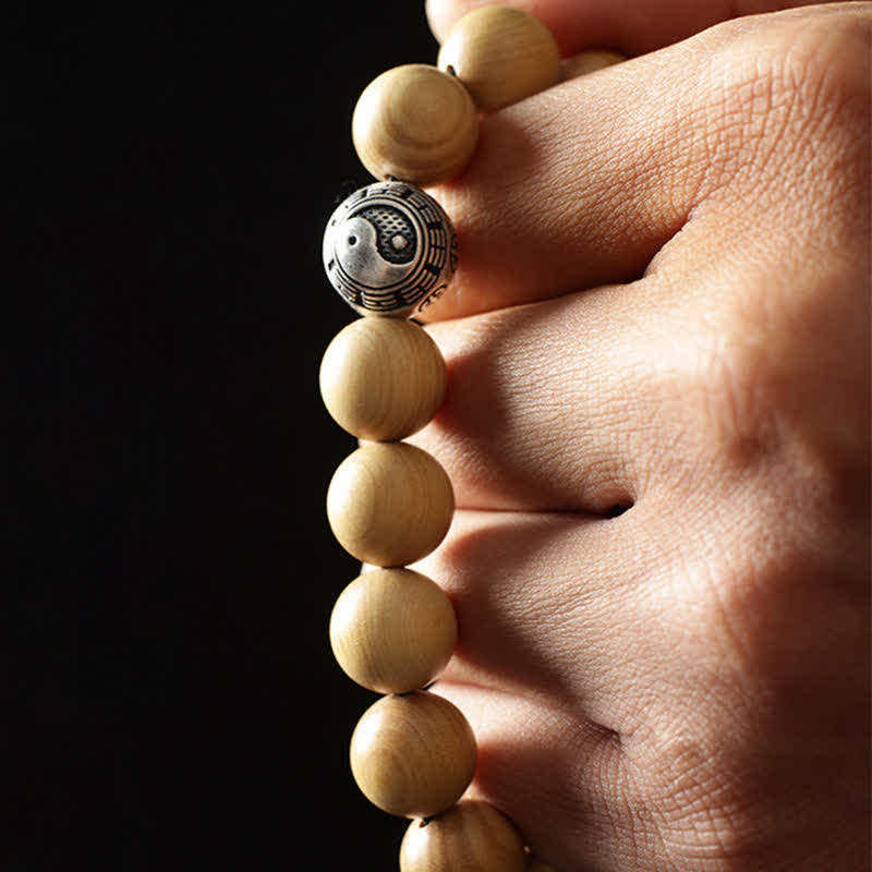 BWOOOH Tibet Peach Wood Lotus Cinnabar Bagua Yin Yang Luck Wealth Bracelet
