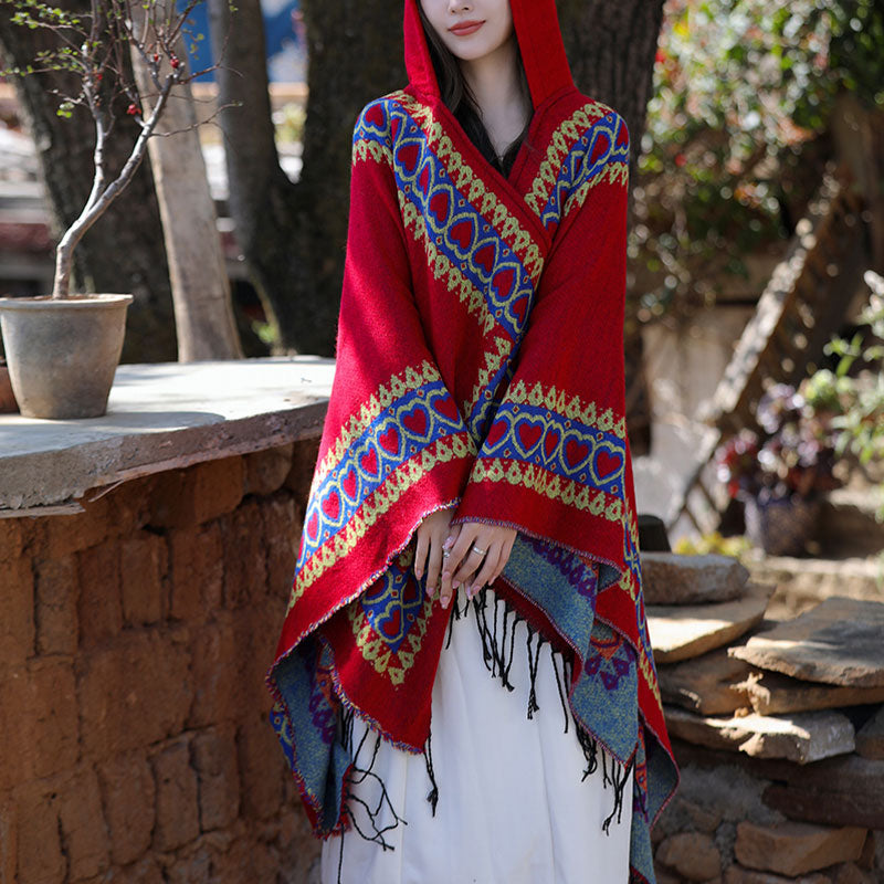 BWOOOH Tibetan Shawl Red Love Heart Tassel Hooded Cloak W