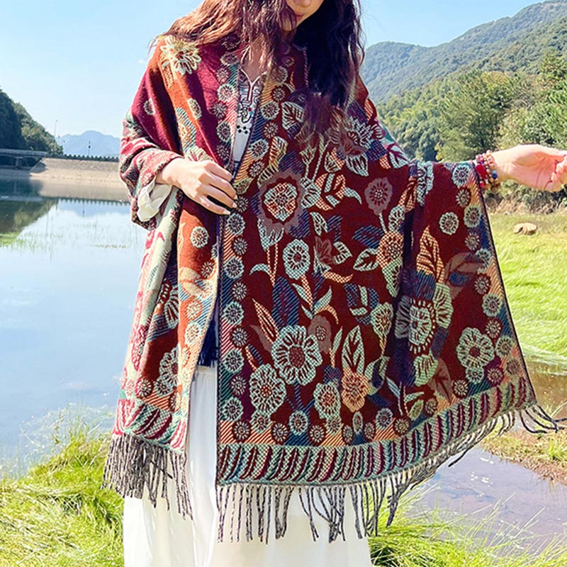 BWOOOH Tibetan Flower Floral Leaves Pattern Design Shawl 