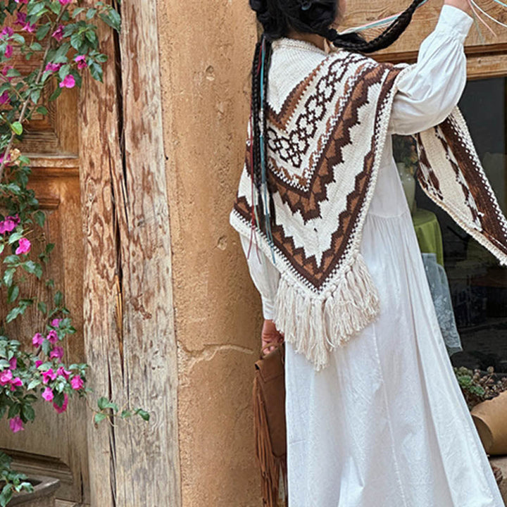 BWOOOH Tibetan Striped Brown Beige Tassel Shawl Winter Co