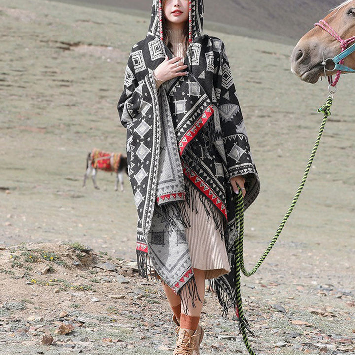 BWOOOH Tibetan Shawl Triangle Pattern Hooded Cloak Winter
