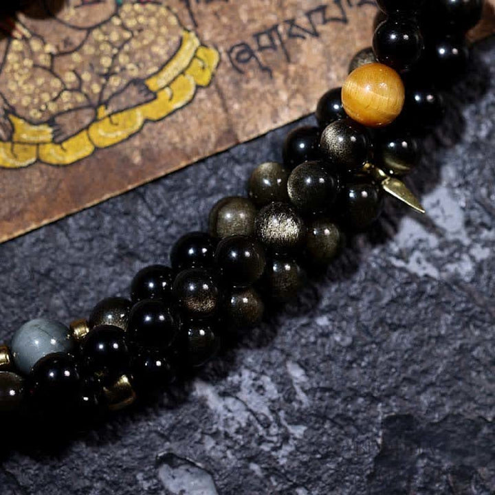 BWOOOH 108 Mala Beads Gold Sheen Obsidian Tiger Eye Eagle&