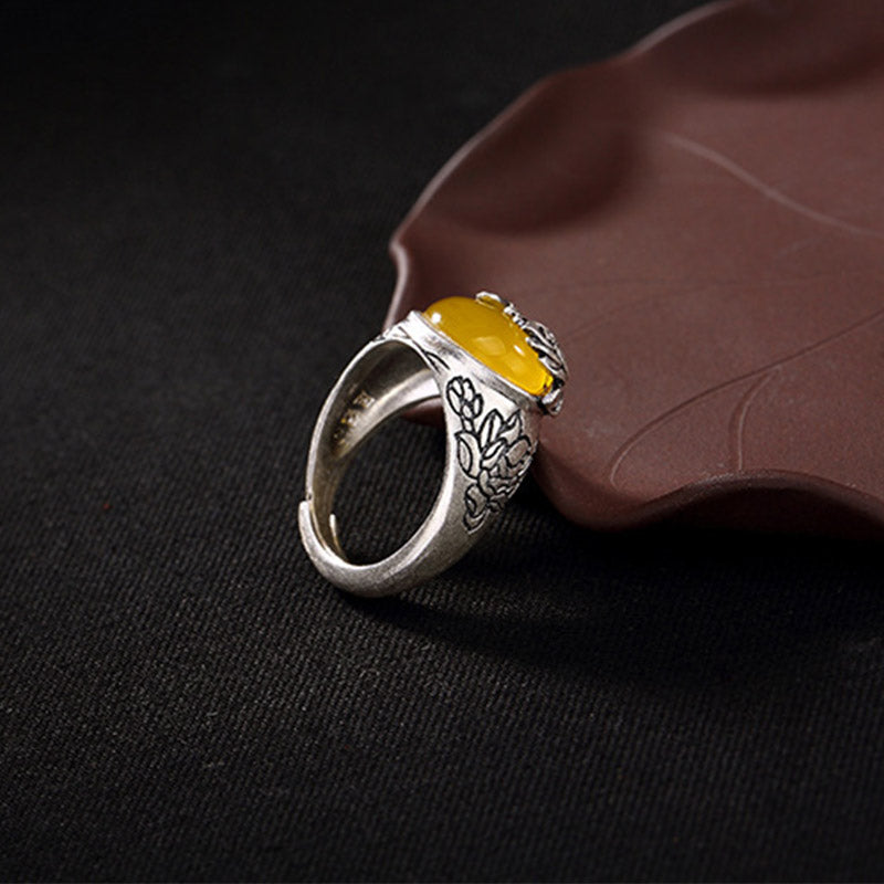 BWOOOH Citrine Lotus Blessing Protection Adjustable Ring