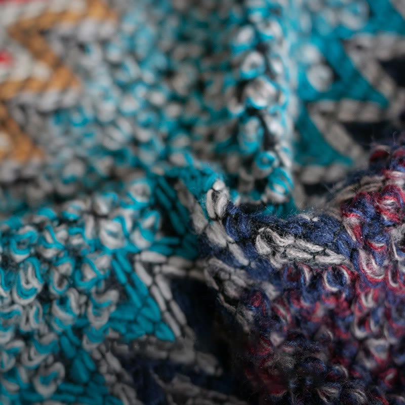BWOOOH Tibetan Shawl Blue Beige Red Wavy Pattern Winter W