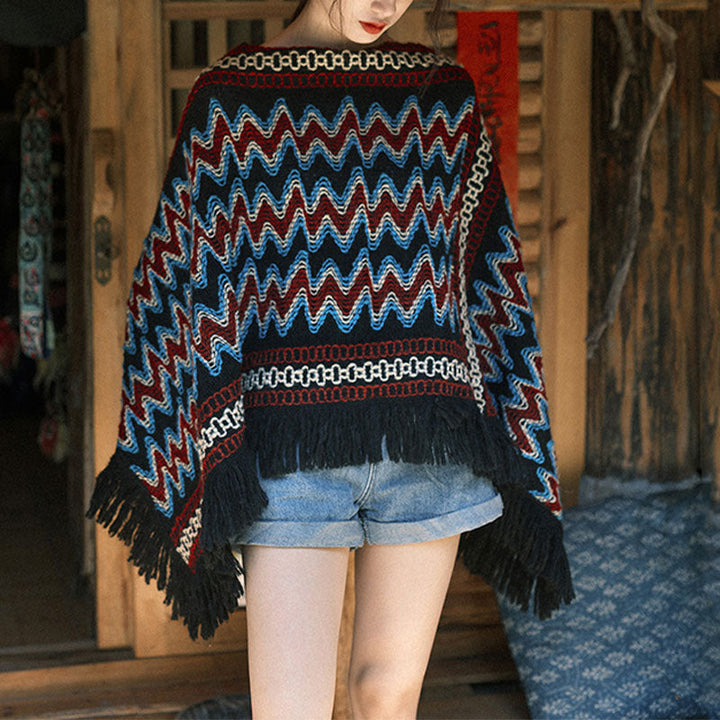 BWOOOH Tibetan Shawl Striped Knitted Tassels Pullover Win