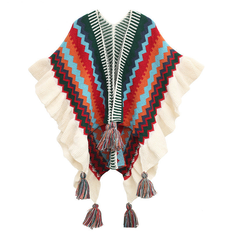 BWOOOH Tibetan Shawl Colorful Striped Wavy Line Tassels W
