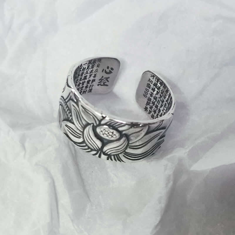 BWOOOH 999 Sterling Silver Lotus Symbol Heart Sutra Protection Ring