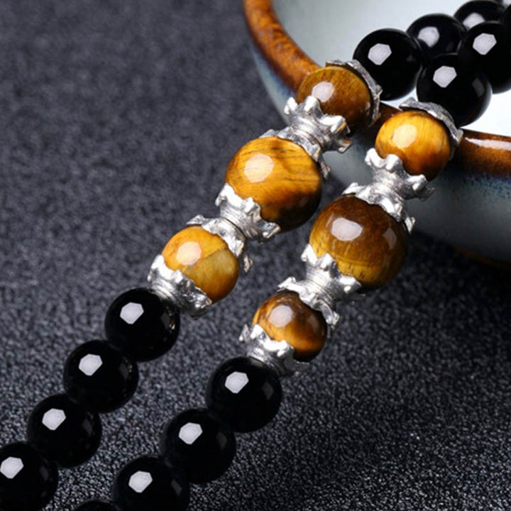 BWOOOH 108 Beads Natural Black Obsidian Tiger Eye Red Agate Mala Bracelet