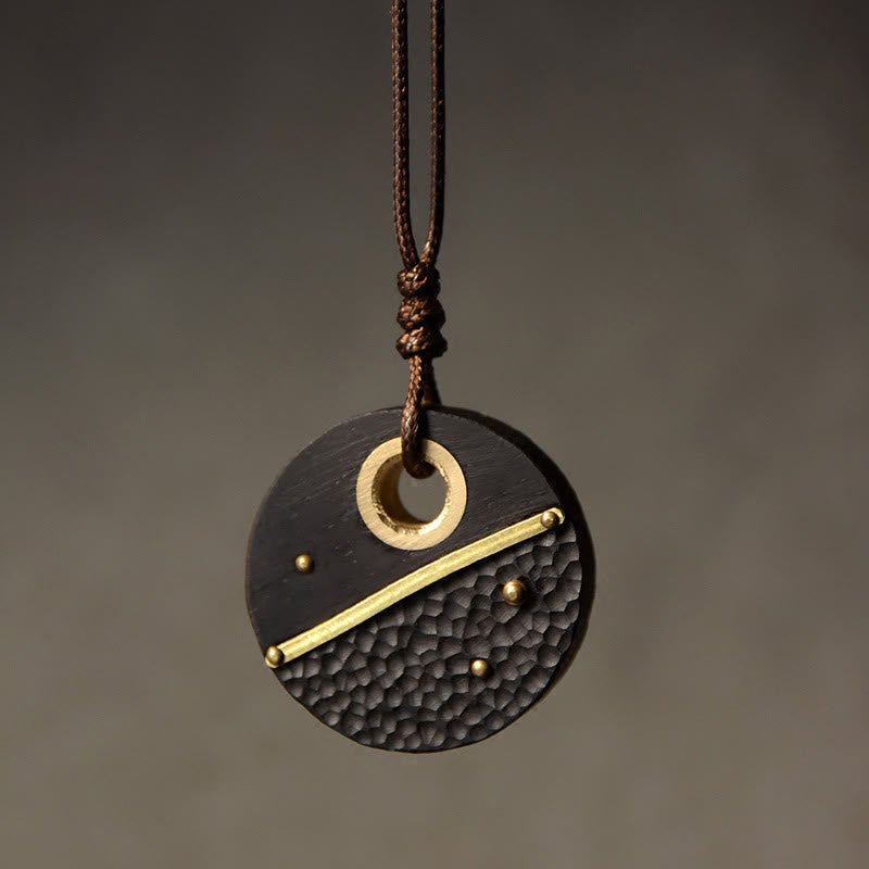 BWOOOH handcrafted round ebony wood brass copper peace necklace pendant