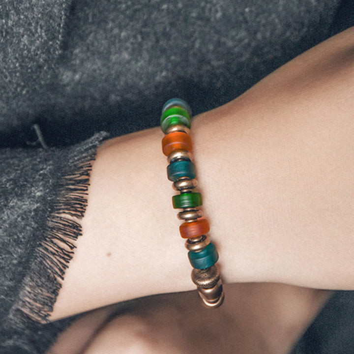 BWOOOH Tibetan Colorful Glass Beads Copper Wealth Bracelet