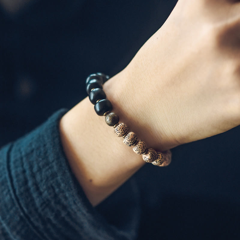 BWOOOH Tibetan Bodhi Seed Black Obsidian Ebony Wood Copper Peace Bracelet
