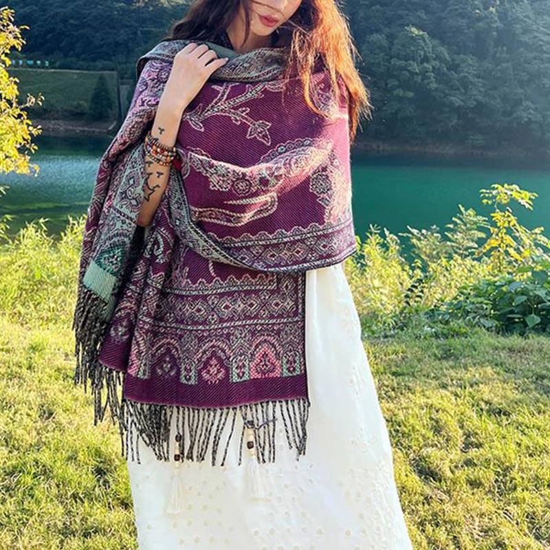 BWOOOH Vintage Tibetan Leaves Pattern Design Shawl Cozy T