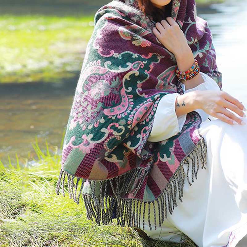 BWOOOH Tibetan Flowers Leaves Branch Design Tassel Shawl 