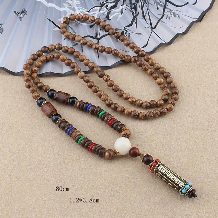 BWOOOH Tibetan Om Mani Padme Hum Dzi Bead Wenge Wood Necklace Pendant