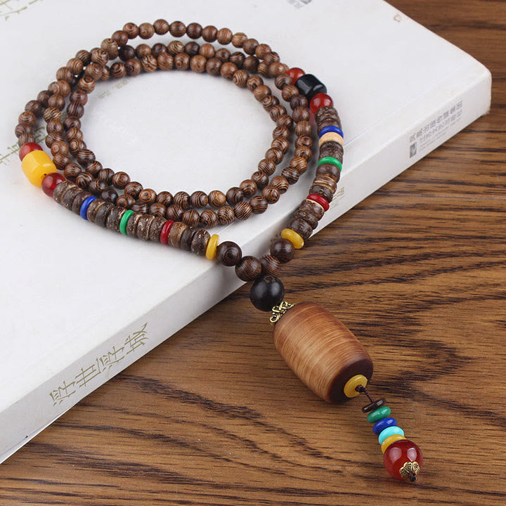 BWOOOH Tibetan Wenge Wood Bodhi Seed Agate Balance Peace Necklace Pendant