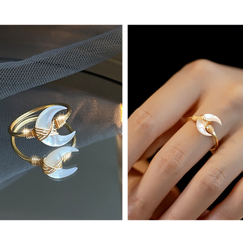 BWOOOH Natural Tridacna Stone Moon 14K Gold Blessing Ring