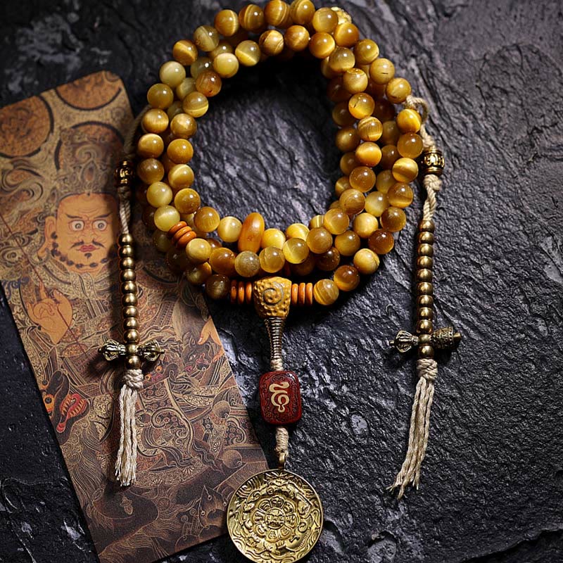 BWOOOH 108 Mala Beads Natural Tiger Eye Copper Dorje Protection Tassel Bracelet