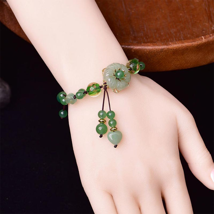 BWOOOH Natural Green Jade Luck Dangling Flower Bracelet