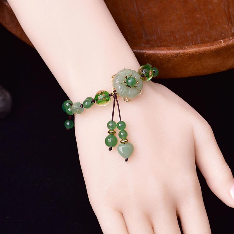 BWOOOH Natural Green Jade Luck Dangling Flower Bracelet