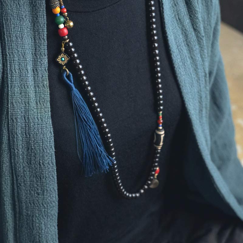 BWOOOH 108 Beads Mala Ebony Wood Dzi Bead Copper Balance Tassel Bracelet
