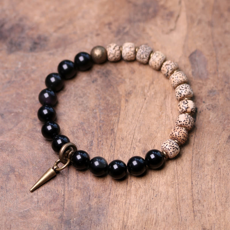 BWOOOH Tibetan Bodhi Seed Black Obsidian Ebony Wood Copper Peace Bracelet