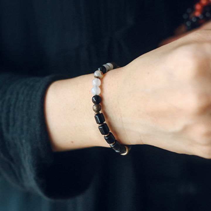 BWOOOH Ebony Wood Red Jasper Moss Agate Crystal Copper Peace Couple Bracelet