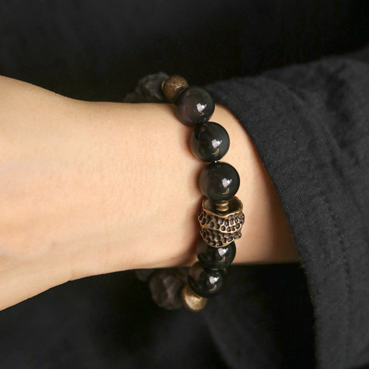 BWOOOH Black Obsidian Ebony Wood Copper Strength Couple Bracelet